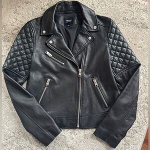 Lamarque Black Leather Jacket with quilted shoulders. Size SMALL